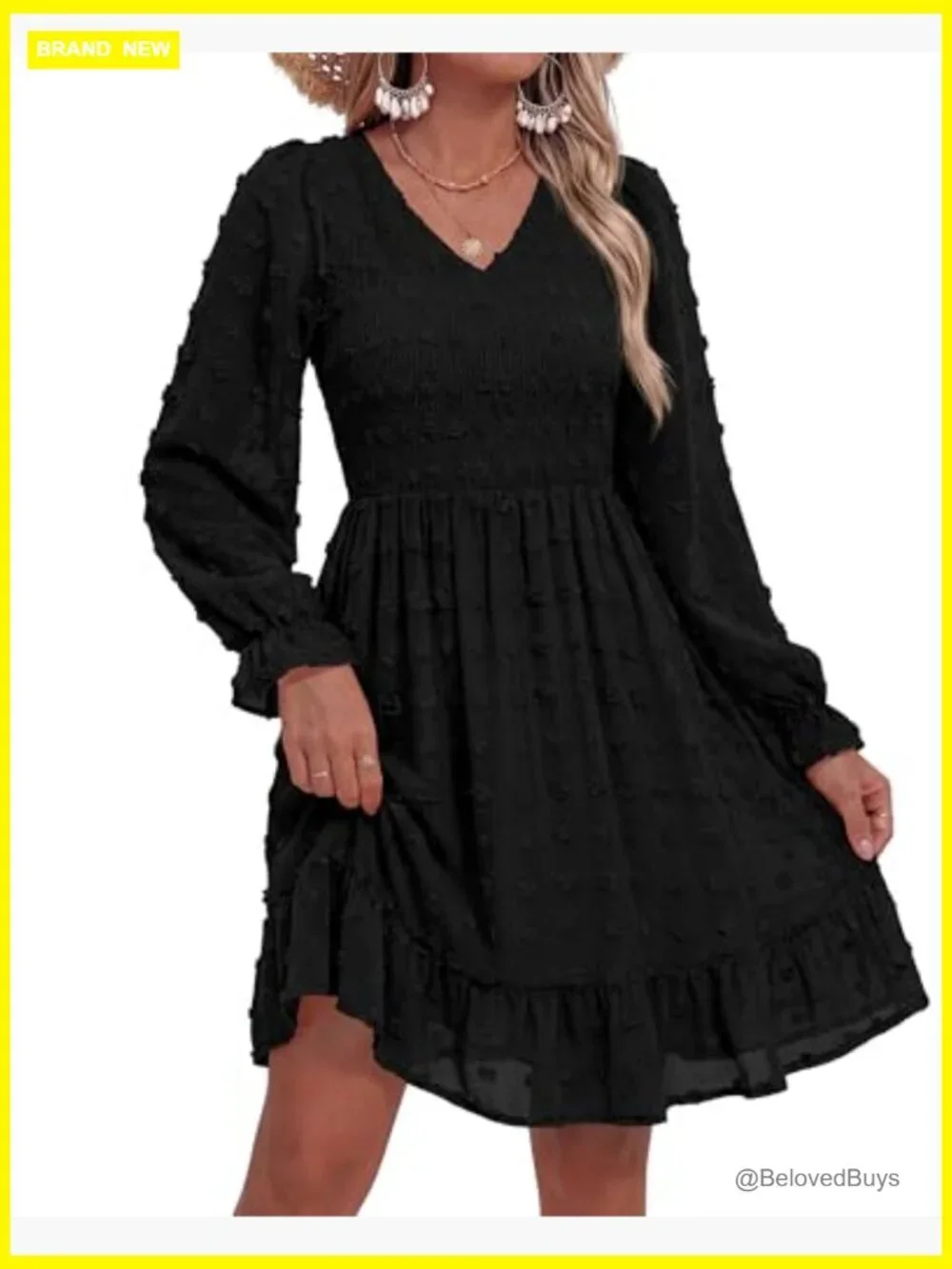 Long Sleeve V Neck Swiss Dot Smocked Ruffle Chiffon Flow Mini Dress